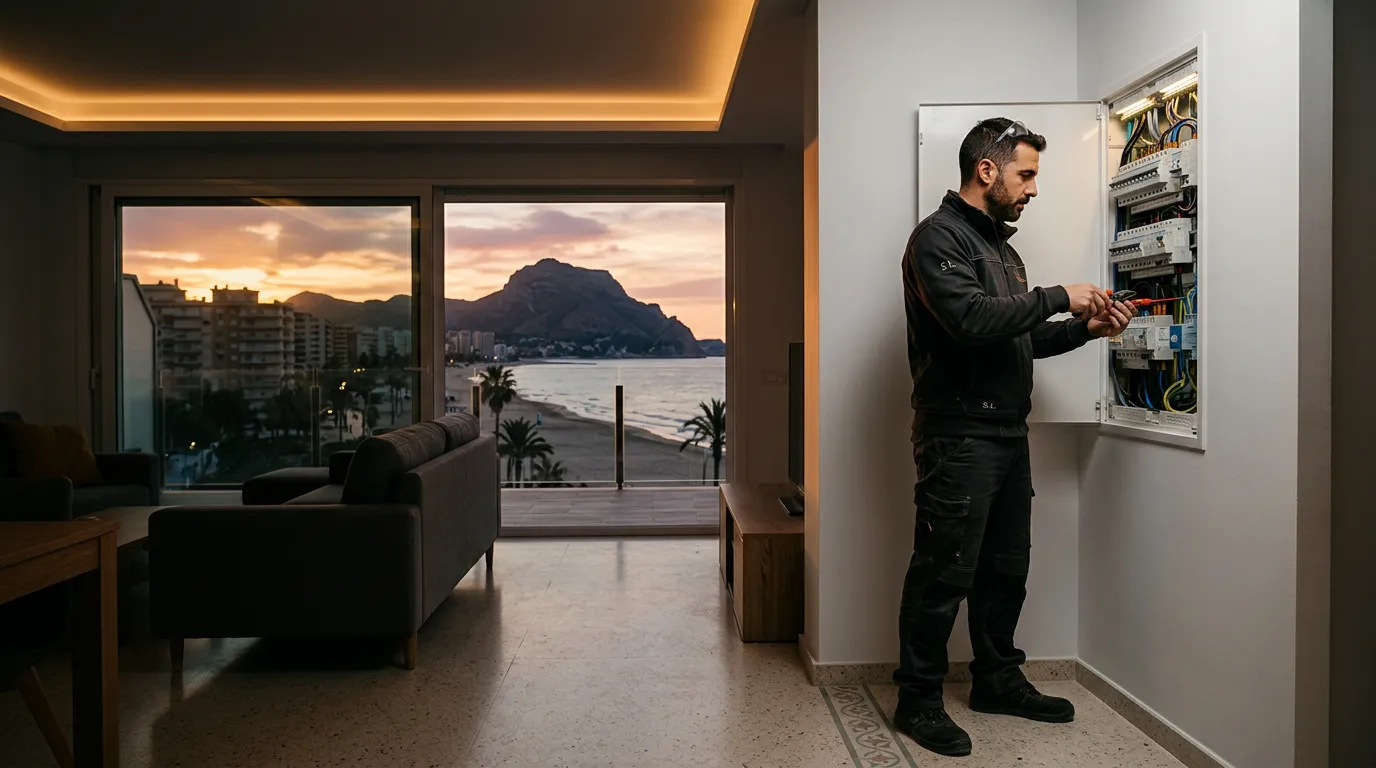 Electricista revisando el cuadro eléctrico de un piso en Gandía con vistas al mar